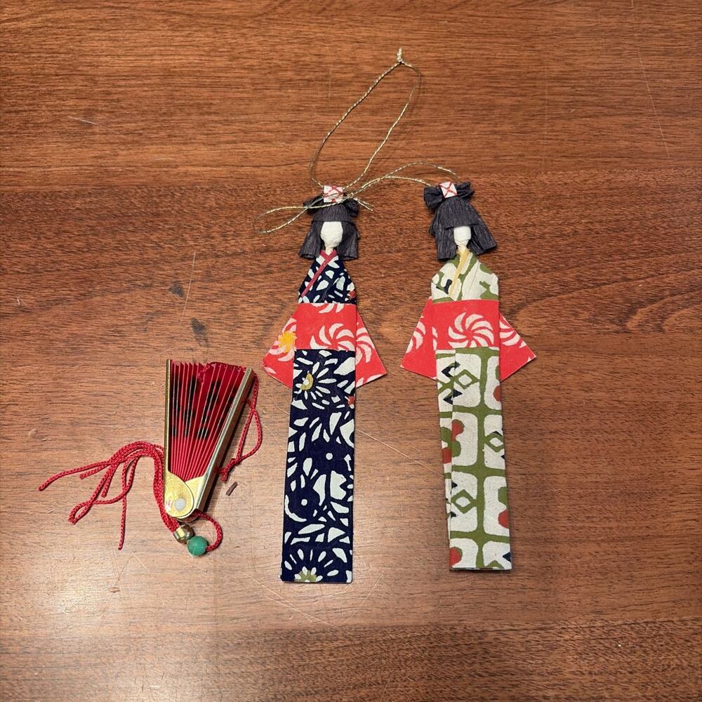 Vintage Pair of Asian Origami Paper Dolls Hanging 6" Ornament